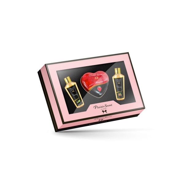 Coffret de massage contenant 2 huiles sèches et 1 bougie de massage 
